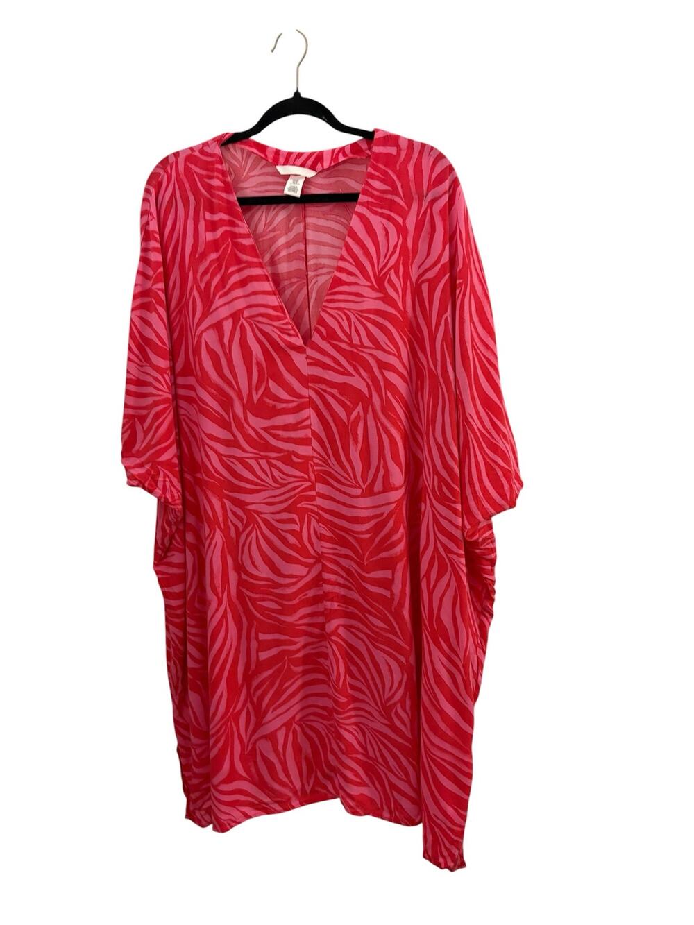 H&M Striped Beach Cover Up Red & Pink V-neck Boho Kaftan M/L 100% Viscose Resort